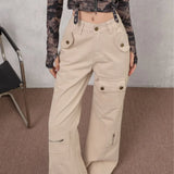 Pantaloni cargo svasati a vita alta con tasche multiple in denim