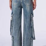 Pantaloni cargo a gamba larga multitasche in denim