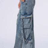 Pantaloni cargo a gamba larga multitasche in denim