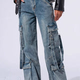 Pantaloni cargo a gamba larga multitasche in denim