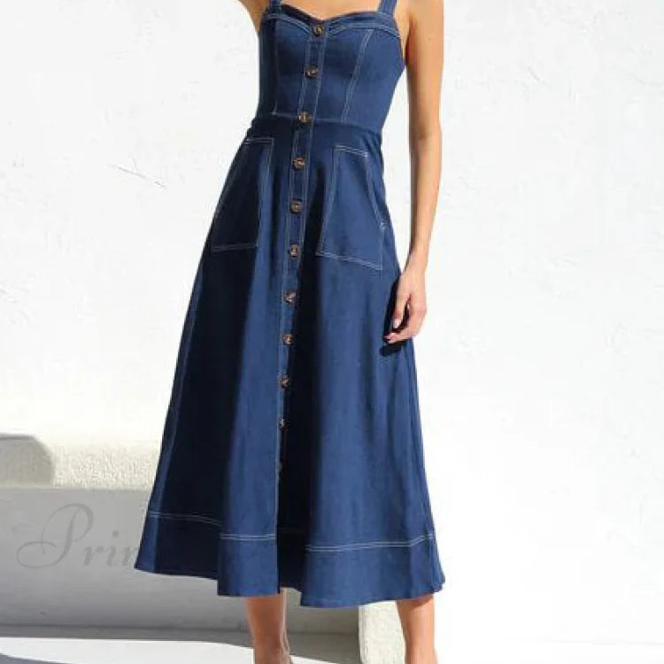 Abito midi casual con bottoni e bretelle in denim