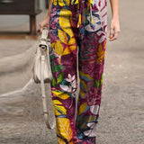 Pantaloni a gamba larga da donna - Vita elasticizzata con coulisse - Tessuto leggero - Stile casual