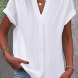 Camicetta da donna - Maniche corte con risvolto a costine - Scollo a V - Abbottonatura - Vestibilità comoda, traspirante