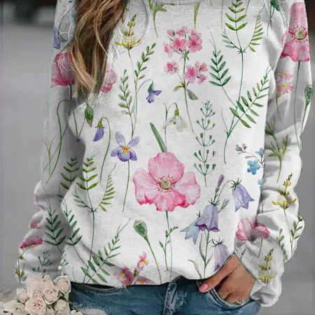 Maglione da donna – Maglia leggera – Vestibilità rilassata – Stampa floreale – Scollo rotondo – Maniche lunghe