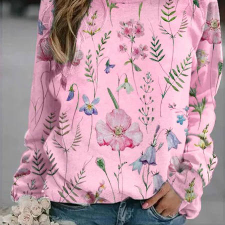 Maglione da donna – Maglia leggera – Vestibilità rilassata – Stampa floreale – Scollo rotondo – Maniche lunghe