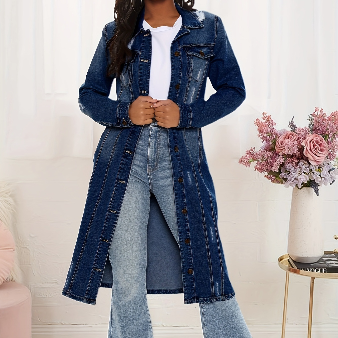 Giacca lunga in denim da donna - Tessuto intrecciato - Vestibilità comoda - Collo classico