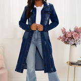 Giacca lunga in denim da donna - Tessuto intrecciato - Vestibilità comoda - Collo classico