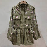 Trench da donna – Ricamo floreale – Vestibilità comoda – Collo alto – Coulisse in vita