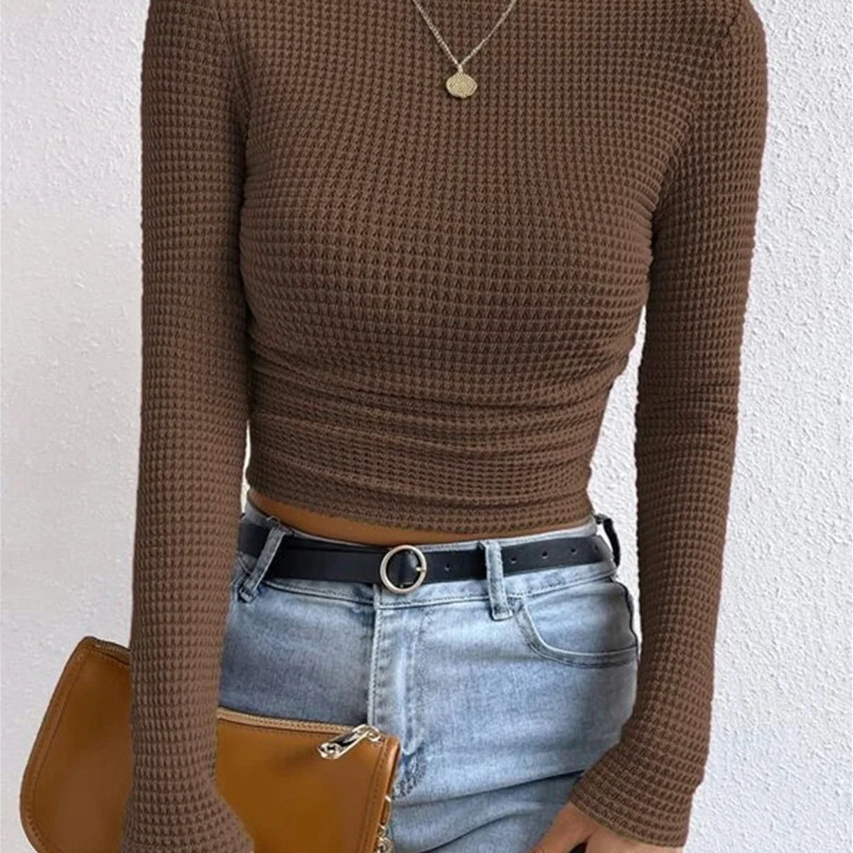 Felpa da donna – Vestibilità slim – Maglia a nido d’ape – Corta – Maniche lunghe – Collo alto