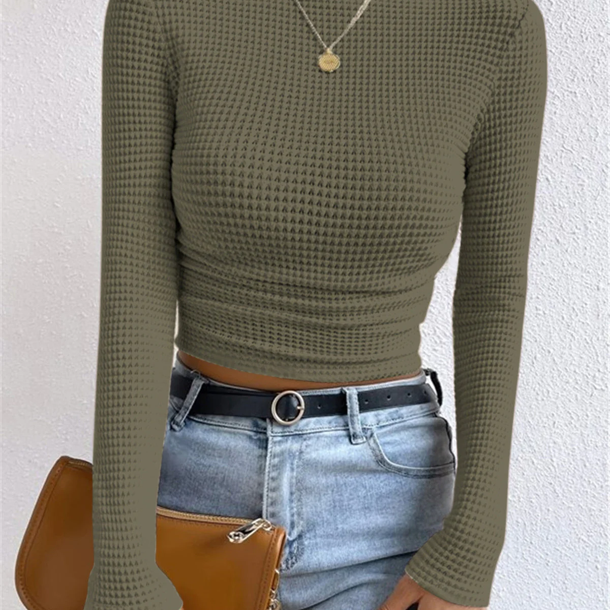 Felpa da donna – Vestibilità slim – Maglia a nido d’ape – Corta – Maniche lunghe – Collo alto