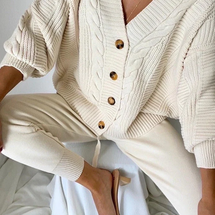 Completo in maglia da donna – Cardigan in lana rilassato – Pantaloni aderenti a coste