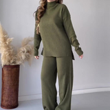 Completo maglione e pantaloni a gamba larga da donna – Maglia a coste – Vestibilità comoda – Scollo rotondo, maniche lunghe