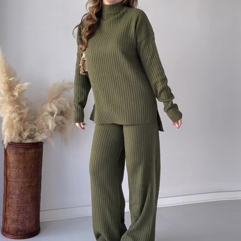 Completo maglione e pantaloni a gamba larga da donna – Maglia a coste – Vestibilità comoda – Scollo rotondo, maniche lunghe