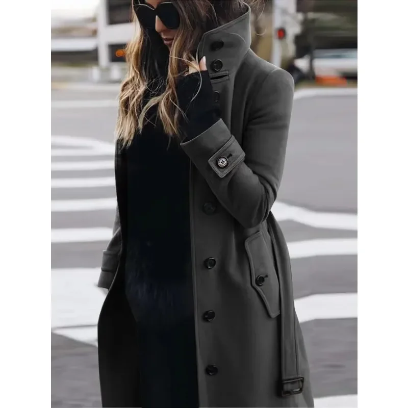 Cappotto in lana da donna – Vestibilità slim – Lungo – Collo alto – Tasche con patta