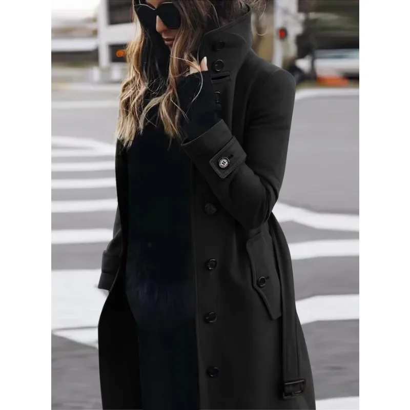 Cappotto in lana da donna – Vestibilità slim – Lungo – Collo alto – Tasche con patta