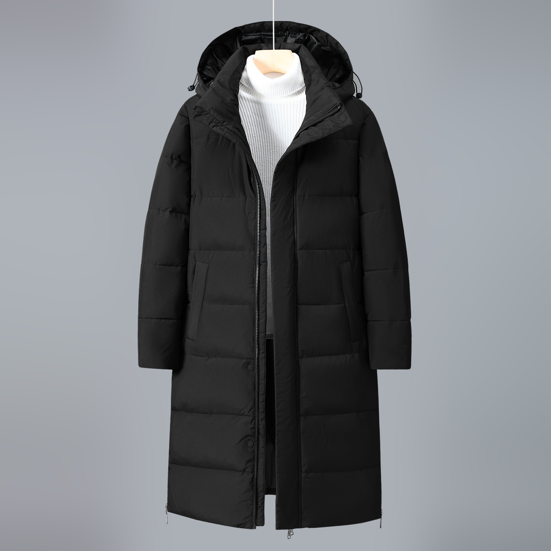 Cappotto trapuntato da donna - Tessuto intrecciato - Collo alto - Cappuccio regolabile - Lungo