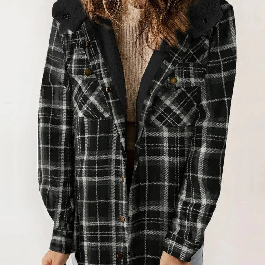 Giacca overshirt da donna – Vestibilità comoda – Fodera in pile – Motivo a quadri – Cappuccio