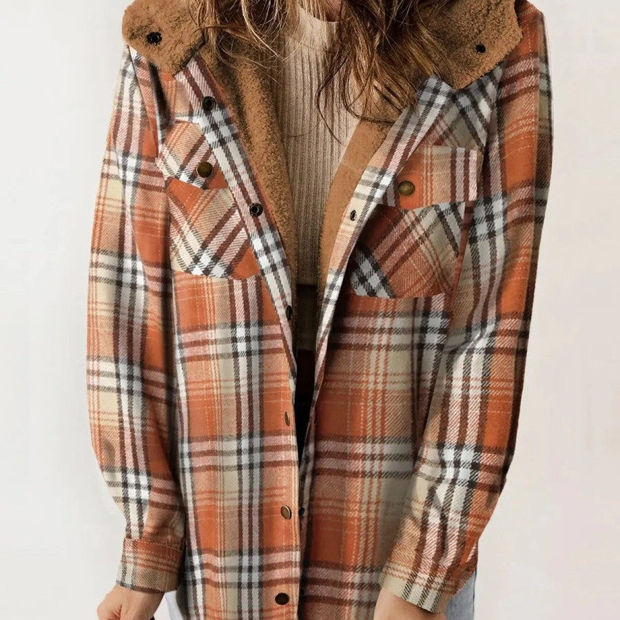 Giacca overshirt da donna – Vestibilità comoda – Fodera in pile – Motivo a quadri – Cappuccio