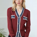 Cardigan in maglia con scollo a V e pizzo color block
