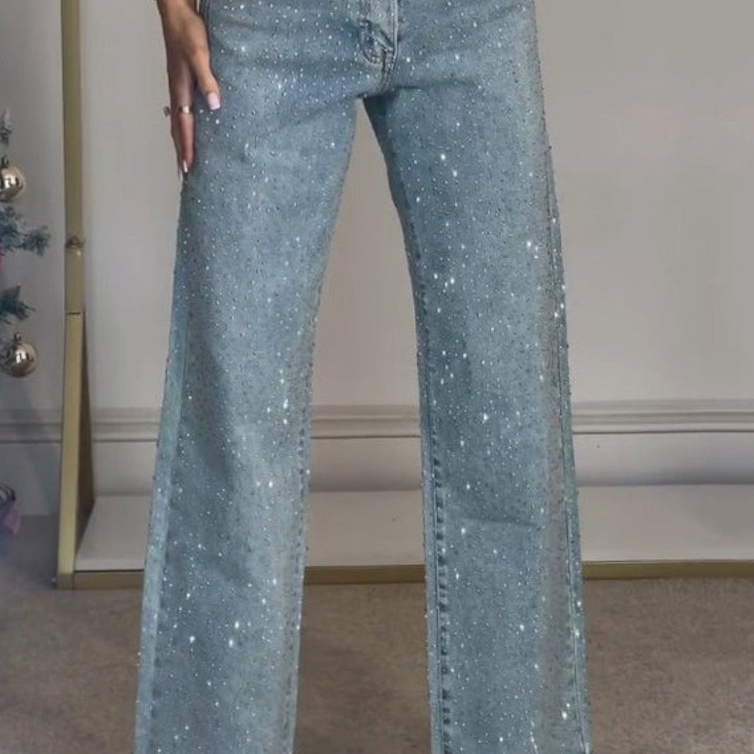 Jeans a vita alta lavati con strass