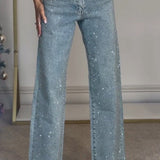 Jeans a vita alta lavati con strass