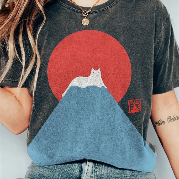 T-shirt da donna - Scollo tondo - Maniche corte - Vestibilità ampia - Stampa grafica di gatto