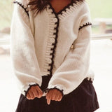 Cardigan vintage con bottoni e scollo a V in maglia a trecce