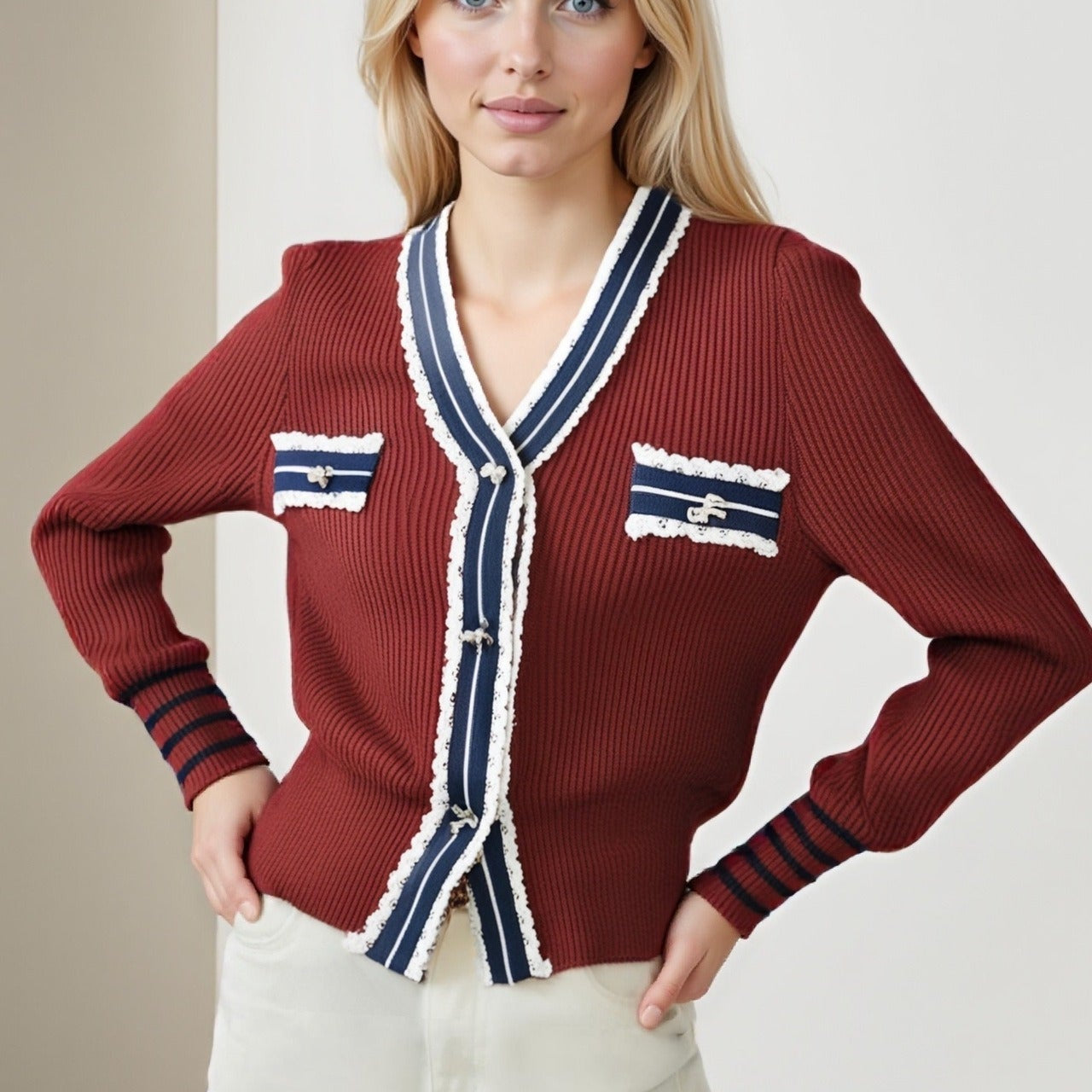 Cardigan in maglia con scollo a V e pizzo color block