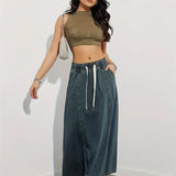 Gonna lunga in denim da donna - Vita elasticizzata con coulisse - Vestibilità ampia