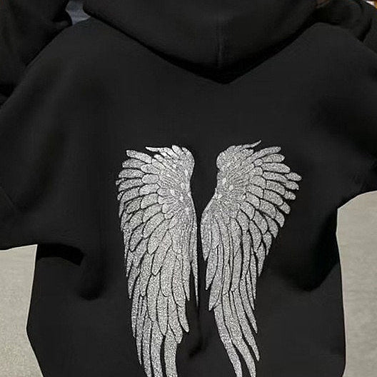 Felpa con cappuccio rilassata con grafica a forma di ala e paillettes