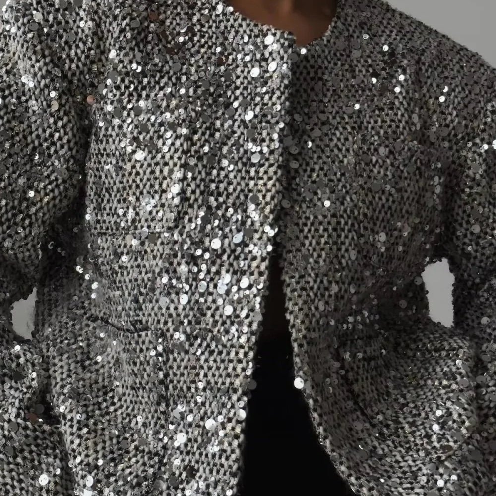 Elegante e lussuosa giacca in tweed con paillettes