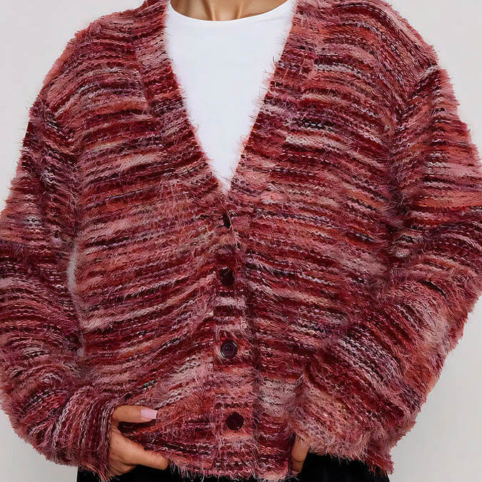 Cardigan largo in maglia con scollo a V a righe colorate