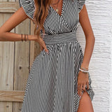 Abito da donna - Scollo incrociato - Maniche a balze - Vita aderente - Gonna svasata