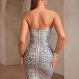 Abito da sera aderente senza spalline con glitter metallizzati