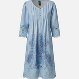 Abito da donna - Stile bohémien - Lunghezza midi - Maniche a 3/4 con rifiniture in pizzo - Scollo a V con bottoni - Ricamo