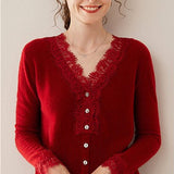 Cardigan in maglia con scollo a V e pizzo in cashmere