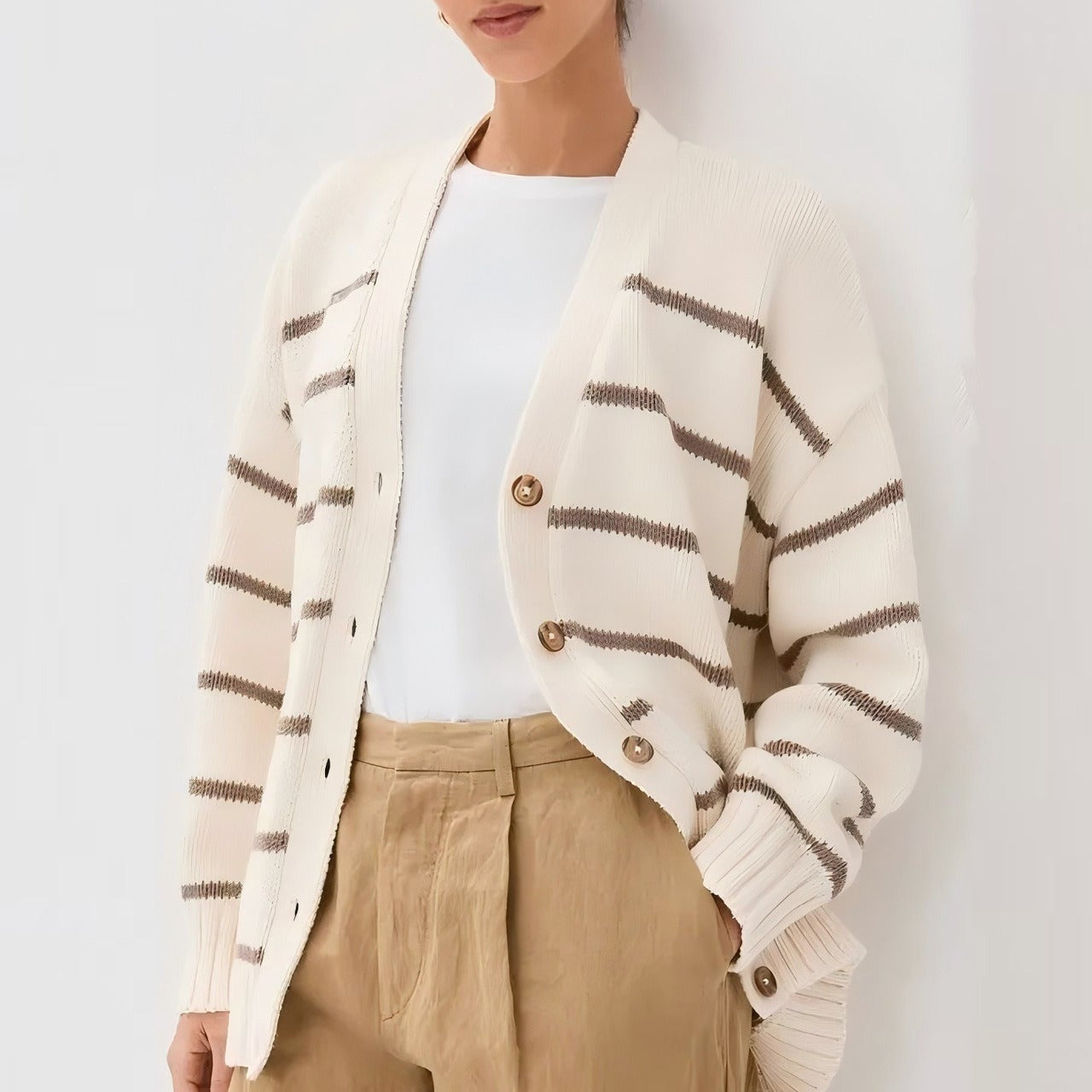 Cardigan in maglia rilassato con scollo a V a righe lusinghiero