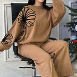 Maglione casual con scollo rotondo e pantaloni, set da due pezzi