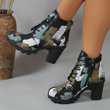 Stivaletti da donna - Tacco a blocco - Lacci e cerniera laterale - Motivo artistico alla moda
