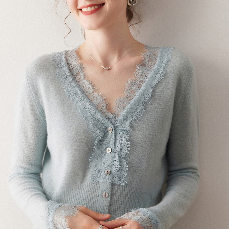 Cardigan in maglia con scollo a V e pizzo in cashmere