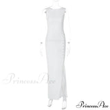 Abito midi elegante e solido in maglia con bottoni alla moda, senza maniche, estivo, con spacchi