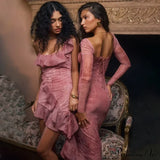 Abito midi autunnale in pizzo con maniche lunghe e corsetto con stampa alla moda