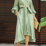 Camicia da donna con volant alla moda, scollo a V, maniche a lanterna, con tasca, gonna lunga, abito midi da strada primaverile da donna