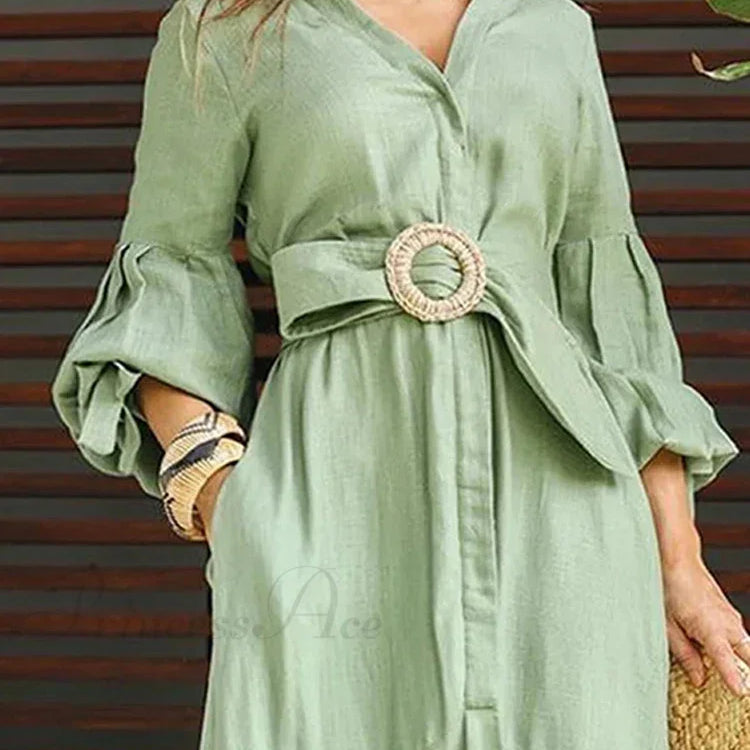 Camicia da donna con volant alla moda, scollo a V, maniche a lanterna, con tasca, gonna lunga, abito midi da strada primaverile da donna