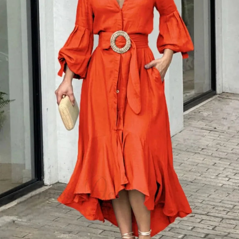 Camicia da donna con volant alla moda, scollo a V, maniche a lanterna, con tasca, gonna lunga, abito midi da strada primaverile da donna