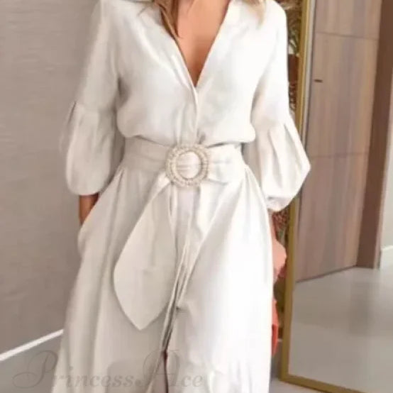 Camicia da donna con volant alla moda, scollo a V, maniche a lanterna, con tasca, gonna lunga, abito midi da strada primaverile da donna