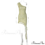 Abito midi sexy asimmetrico monospalla con schiena scoperta, stampa glitterata alla moda