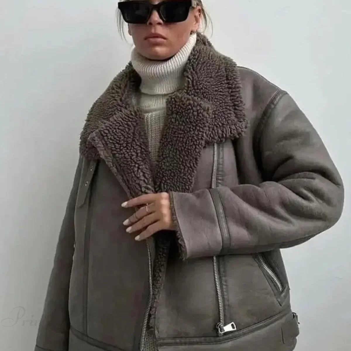 Cappotto casual a maniche lunghe con revers in pelliccia sintetica