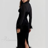 Abito midi da donna con vita alta, aderente, retrò, in rete con piume e cuciture