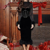 Abito midi da donna con vita alta, aderente, retrò, in rete con piume e cuciture